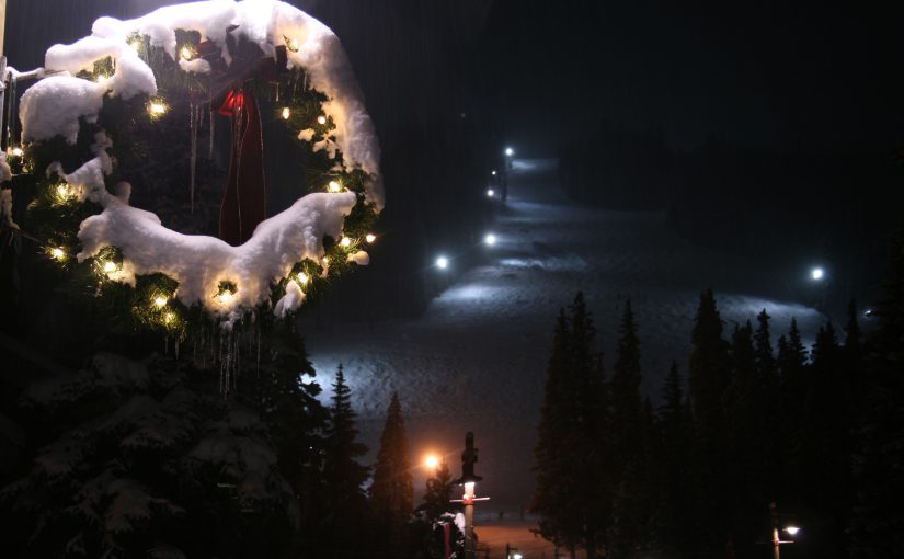 Snowy Holiday Wreath and Lighted Ski Slopes at Keystone